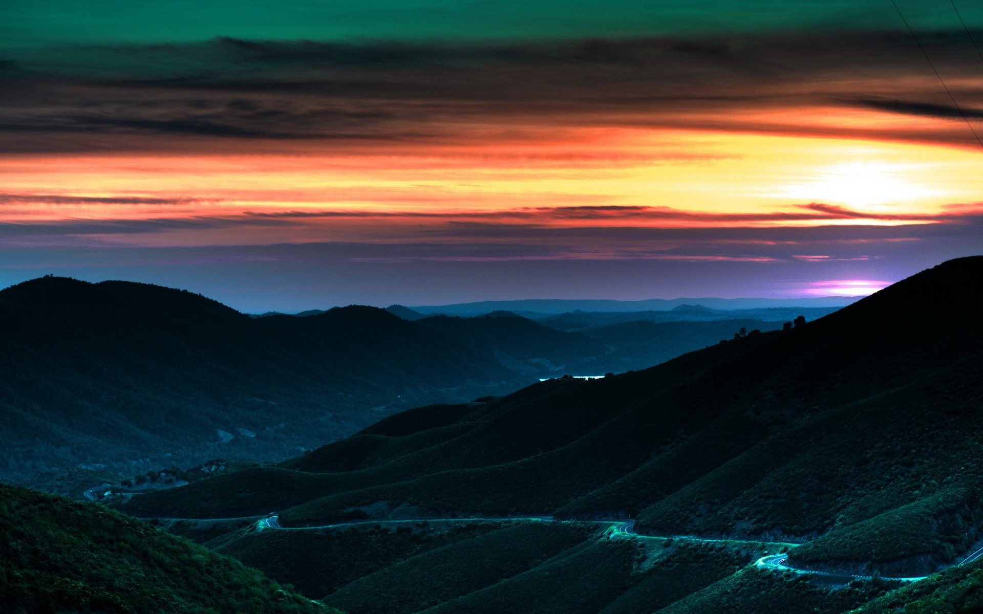 coucher de soleil ciel route collines