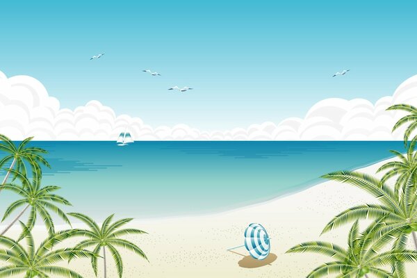 Samotny parasol plażowy na piasku otoczony palmami, latającymi mewami i jachtem na horyzoncie