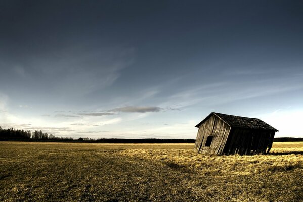 Eine einsame Scheune, die auf einem Feld steht