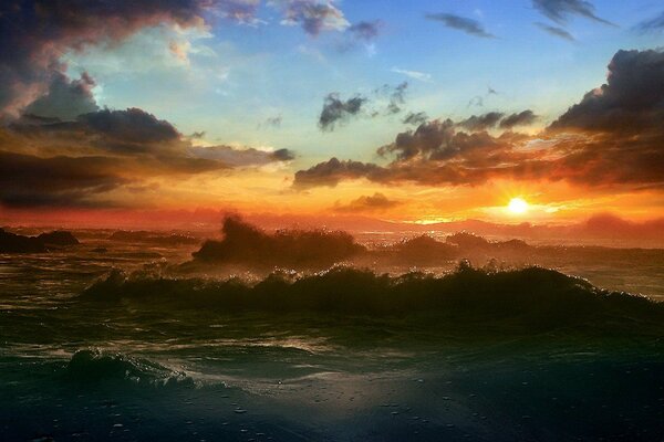 The sea with big waves and sunrise