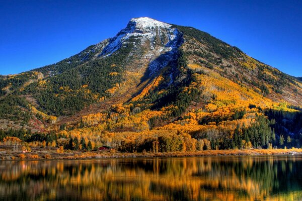 Berg mit Herbstbäumen: Reflexion im Wasser