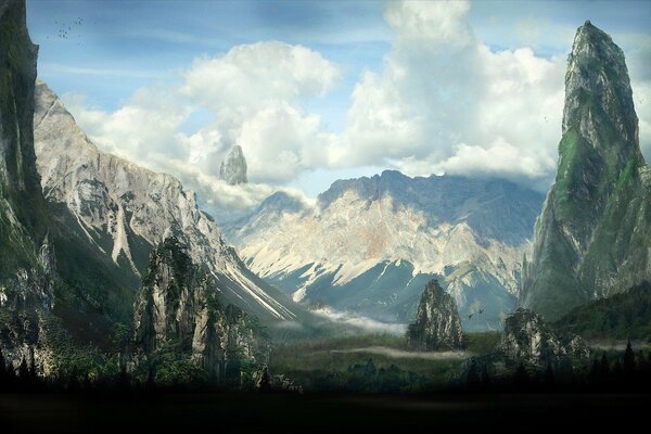 Paisaje rocoso de montaña entre las nubes