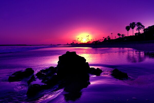Costa de piedra y puesta de sol púrpura