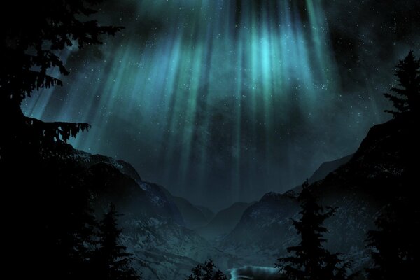 Aurora boreale di notte nella foresta