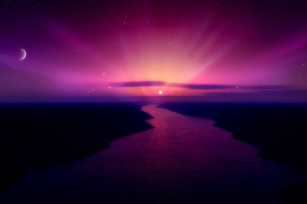 Landscape with sunset sky over the river