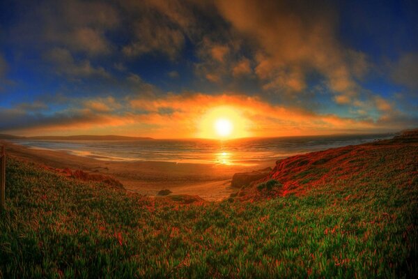 Panorama of the seashore at sunset