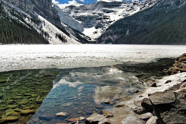 Reflexion der Berge in einem transparenten Fluss