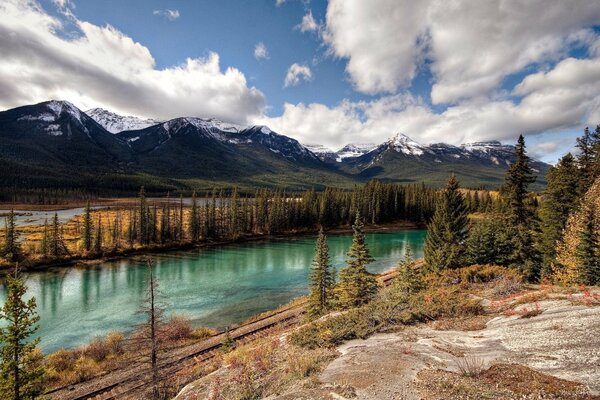 The river between the firs and the mountains