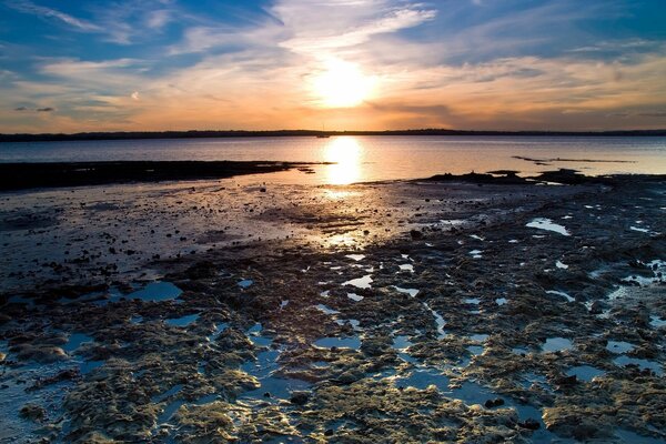 Ein lehmiges Flussufer bei Sonnenuntergang