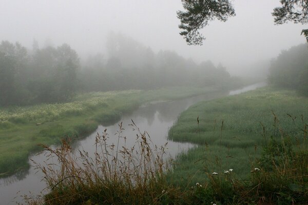 Paisaje con río y niebla