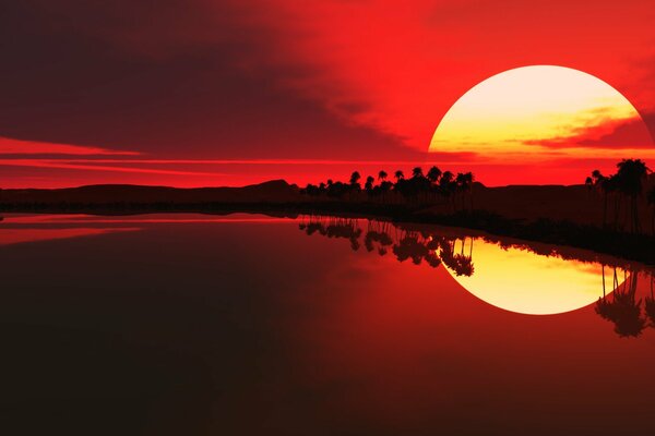 Puesta de sol roja con reflexión solar