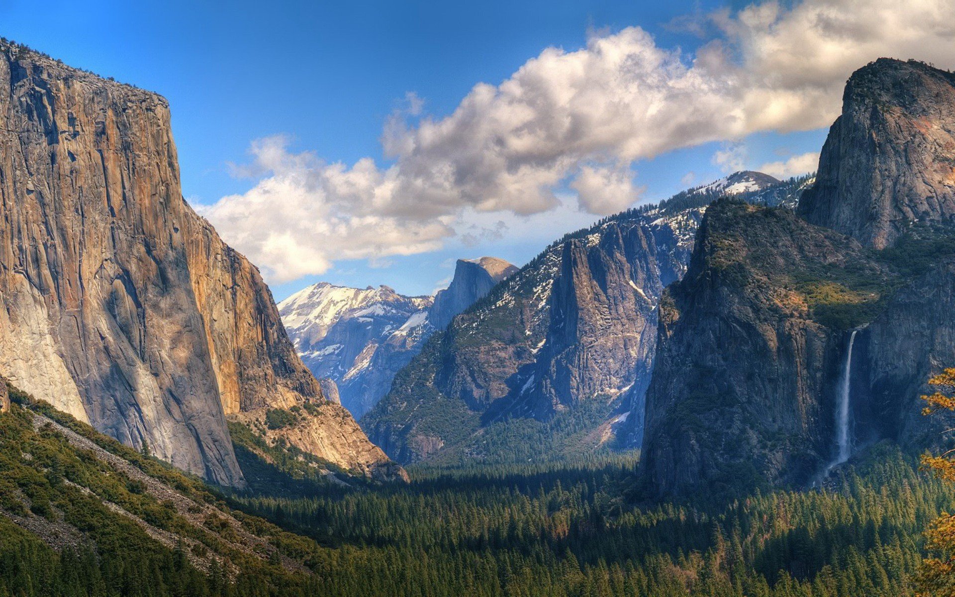 waterfall forest clouds rock mountain