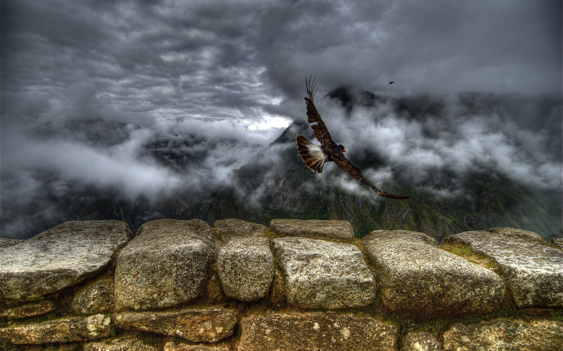 birds clouds stones flight mountain