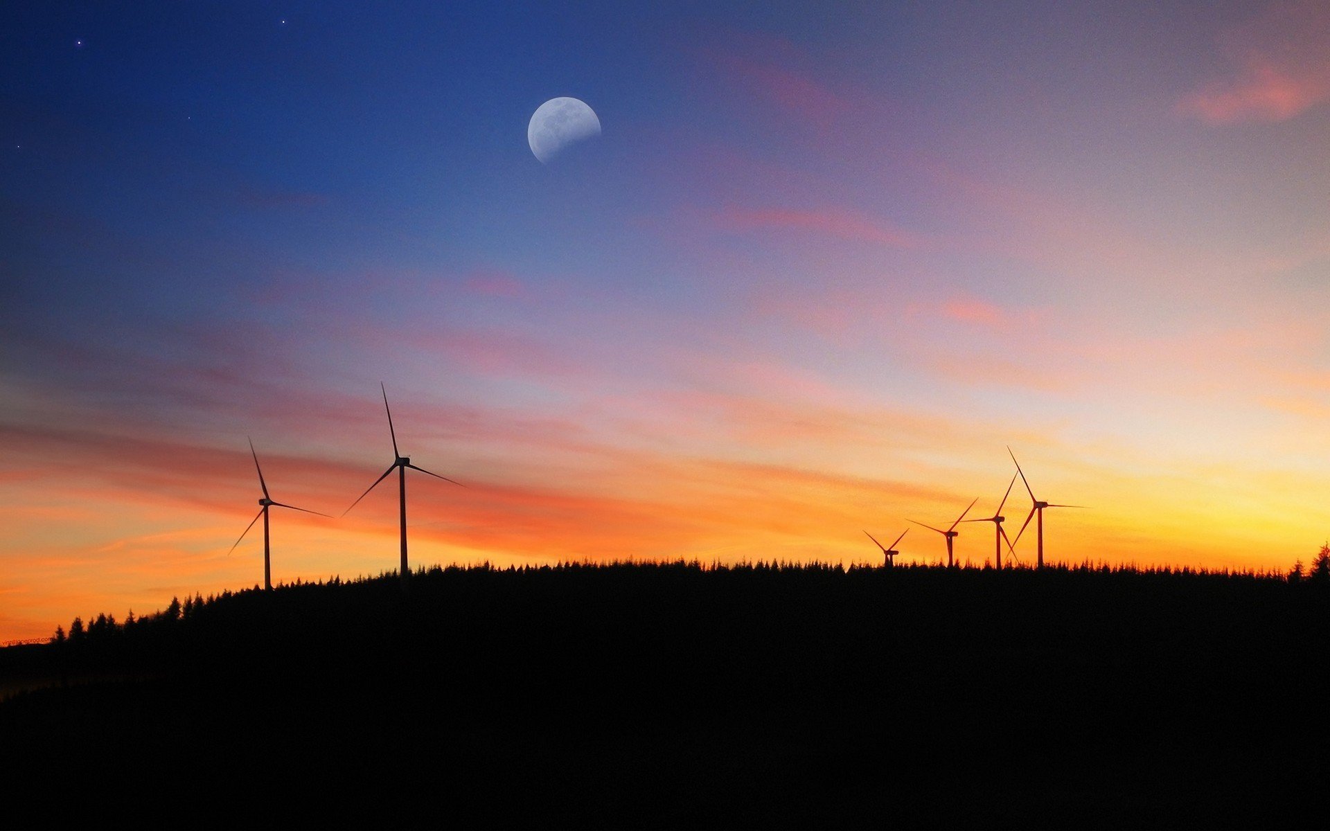 noche molinos de viento luna