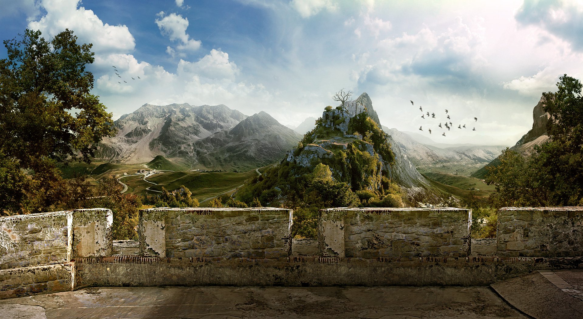 balcony birds mountain ruins wall village sky