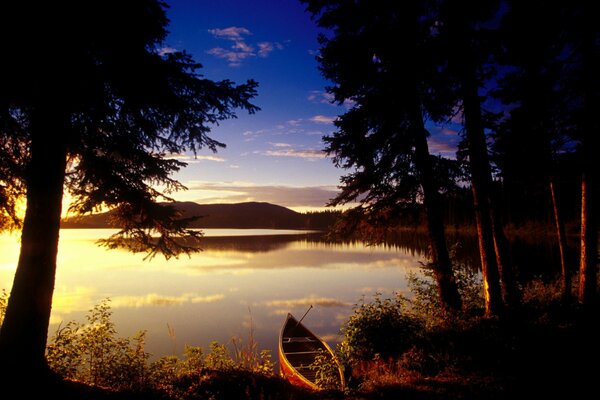 Bateau sur le lac dans les arbres et beau coucher de soleil