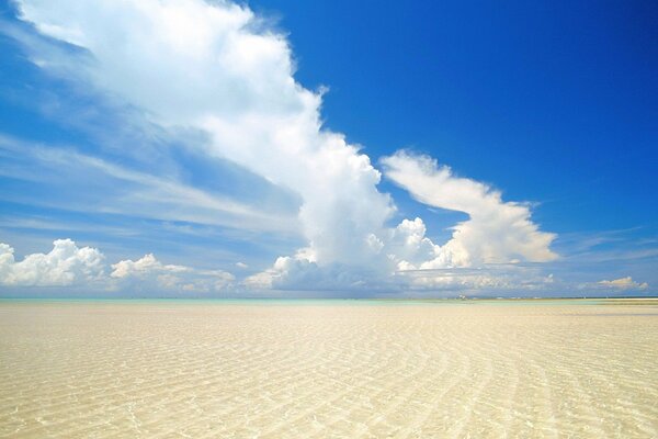 Песчаный морской пляж на фоне облаков