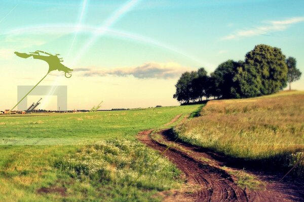 El camino pasa a través de los campos a los árboles