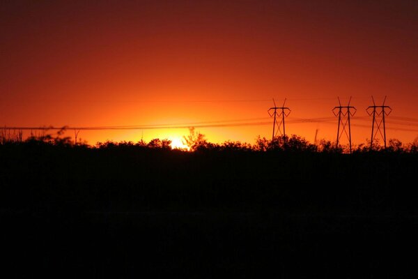 Silhouette of power poles at sunset