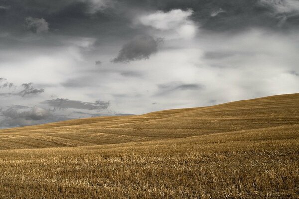 Abgeschrägtes Feld vor dem Hintergrund grauer Wolken