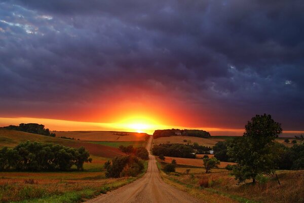 Un camino rodeado de campos que sale al atardecer