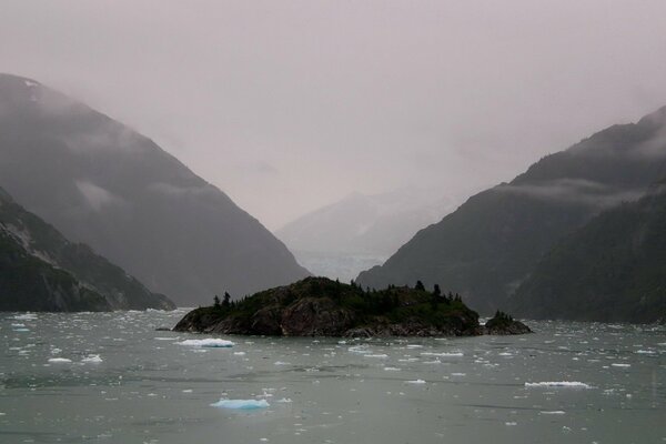 An island in the sea with ice floes