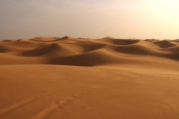Dunes du désert et des collines avec des traces sur le sable
