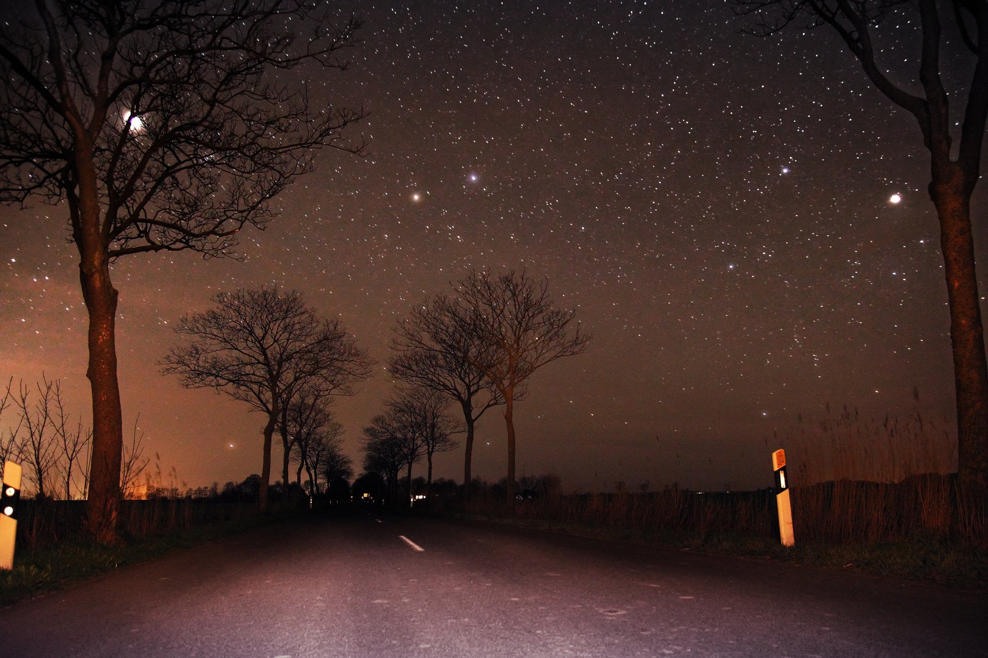 nacht himmel mond bäume straße sterne