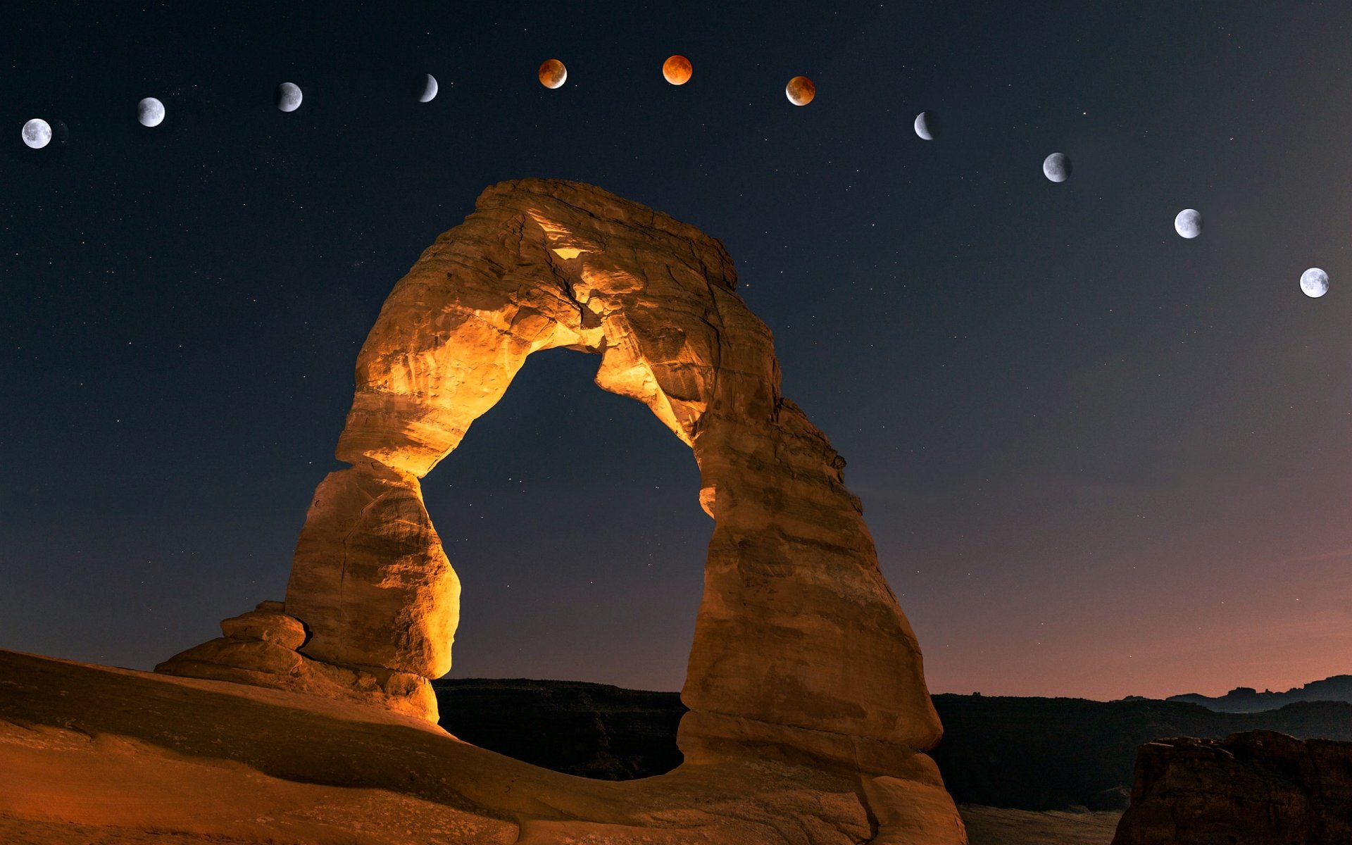 canyon arco roccia luce cielo luna stelle