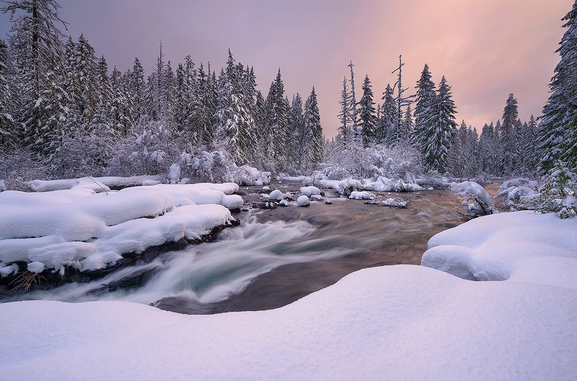 natur landschaft winter schnee fluss fichte sonnenuntergang