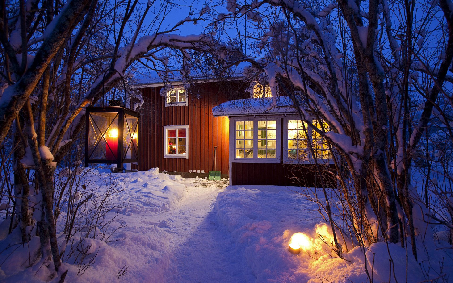 winter schnee haus licht laternen