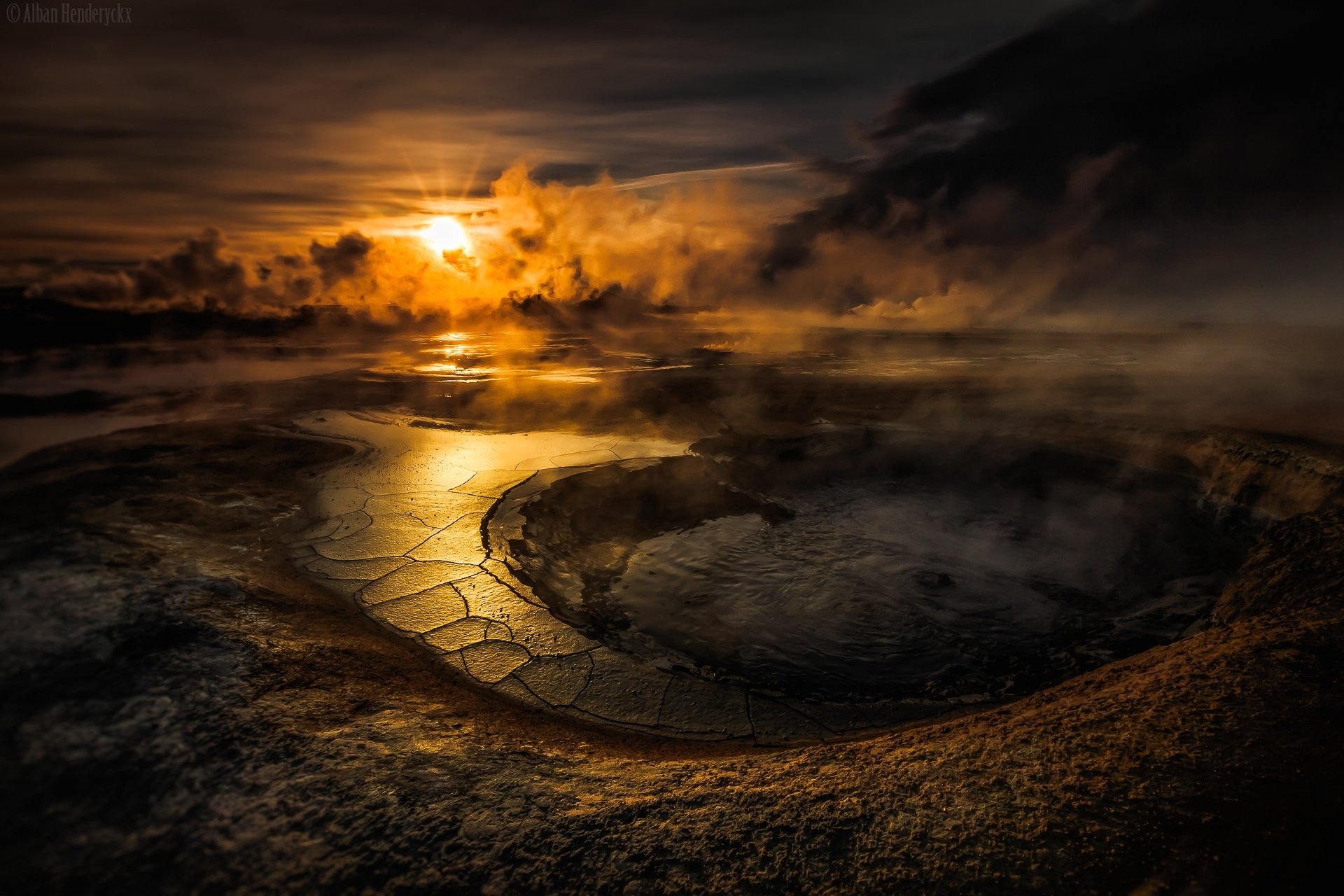 crater water smoke sun clouds evening sunset volcano lake geyser sky and f s hd