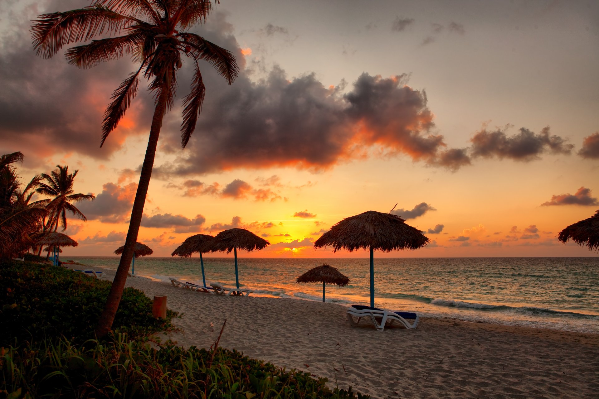 coucher de soleil plage mer côte paradis tropical sable palmiers