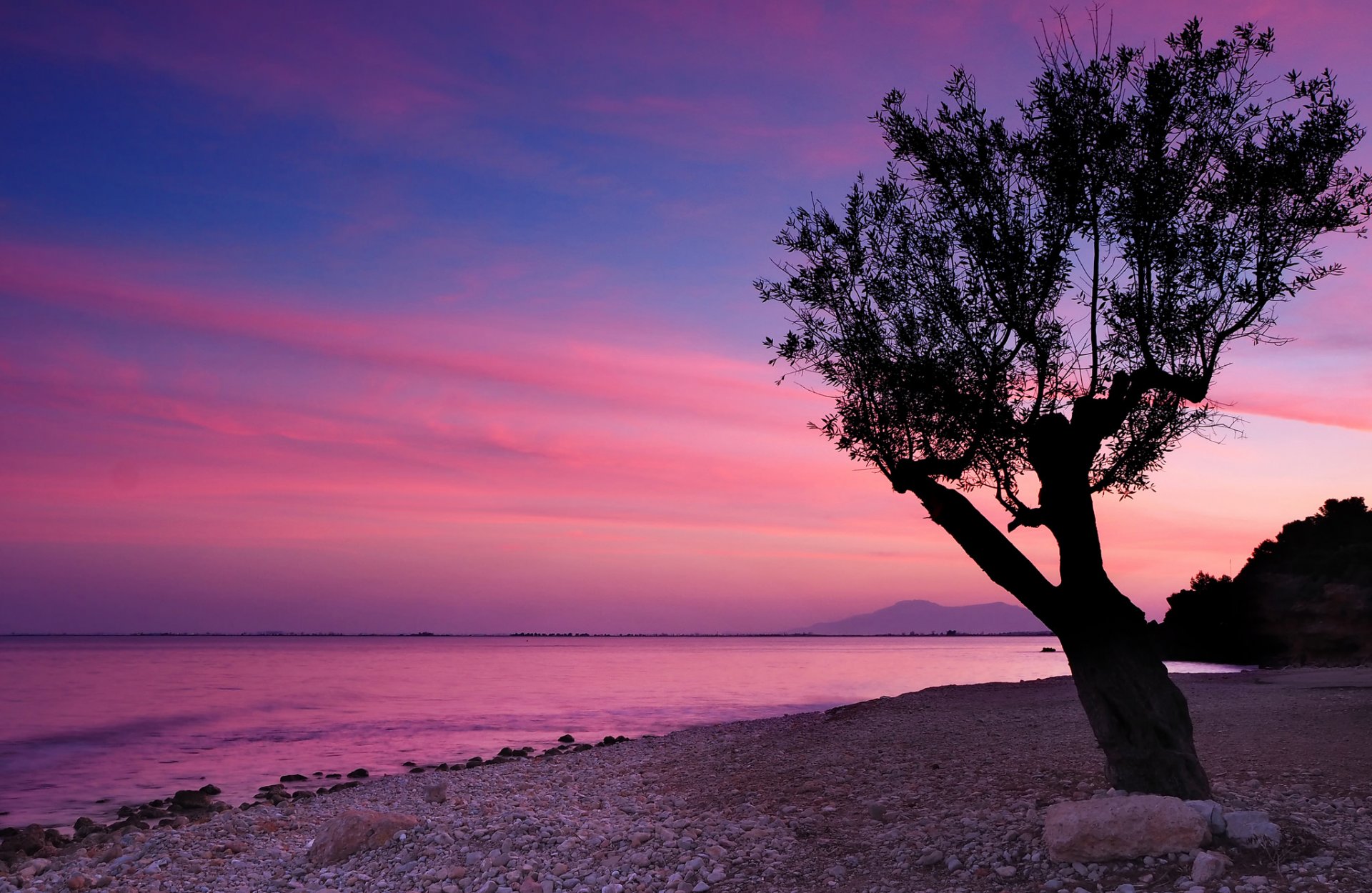 ky clouds sunset mountain lake beach stones tree