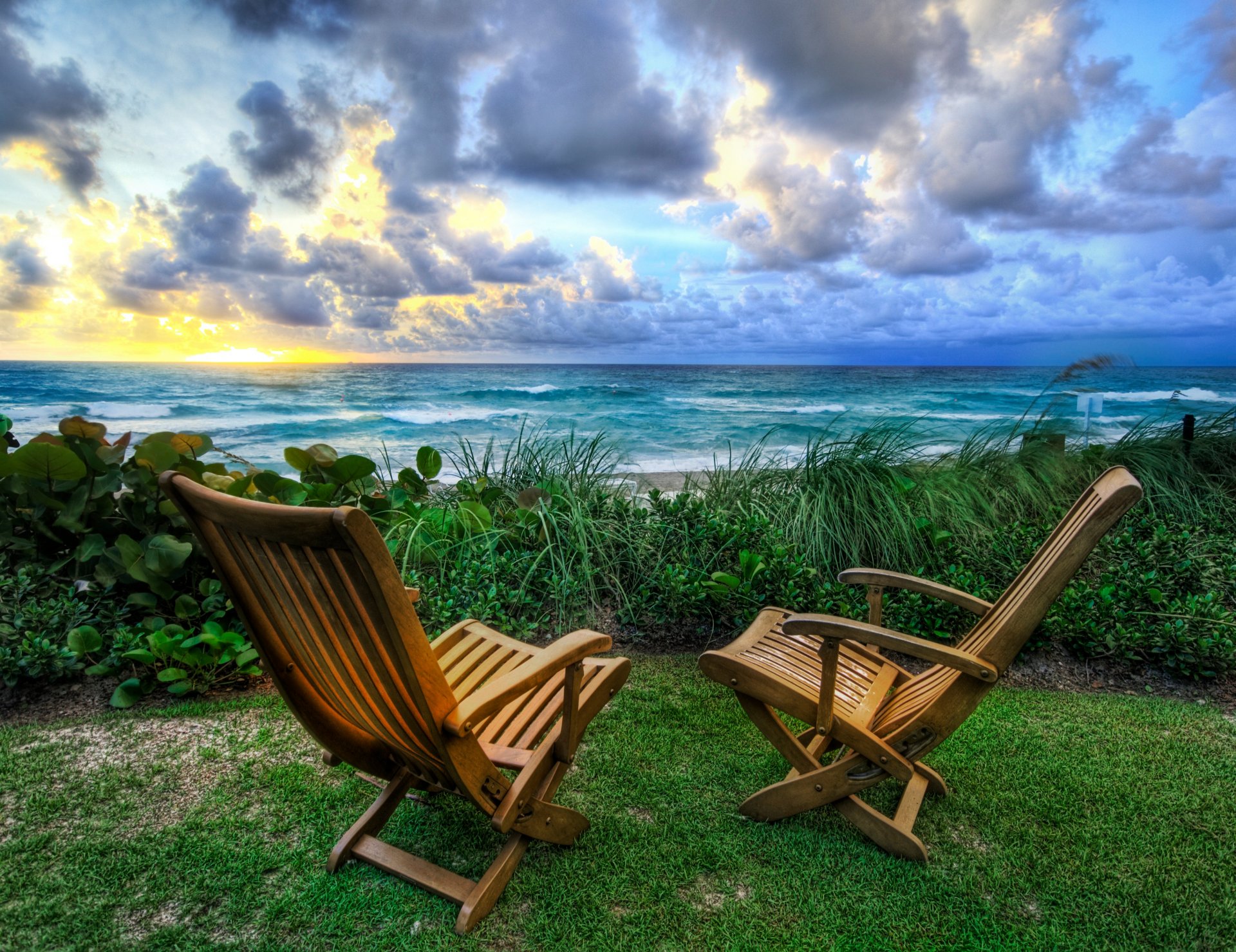 nature chairs sea sunrise