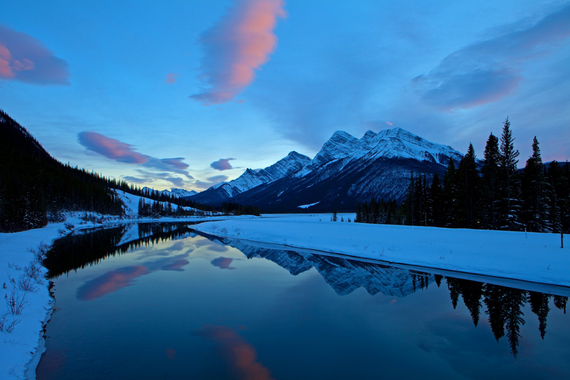 cielo nuvole sera montagne fiume inverno neve alberi