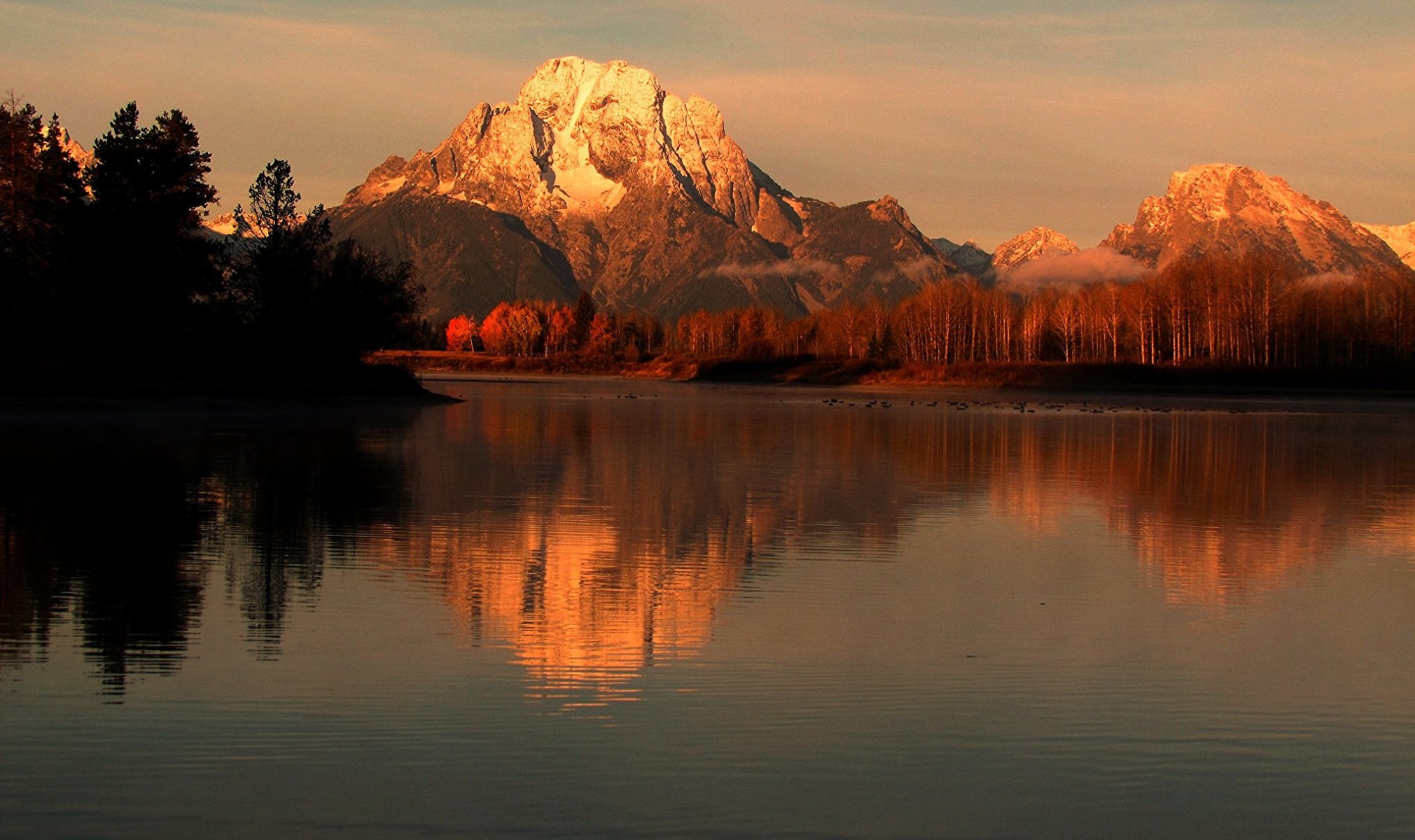 park narodowy grand teton wyoming usa góry jezioro rzeka odbicie drzewa jesień niebo zachód słońca