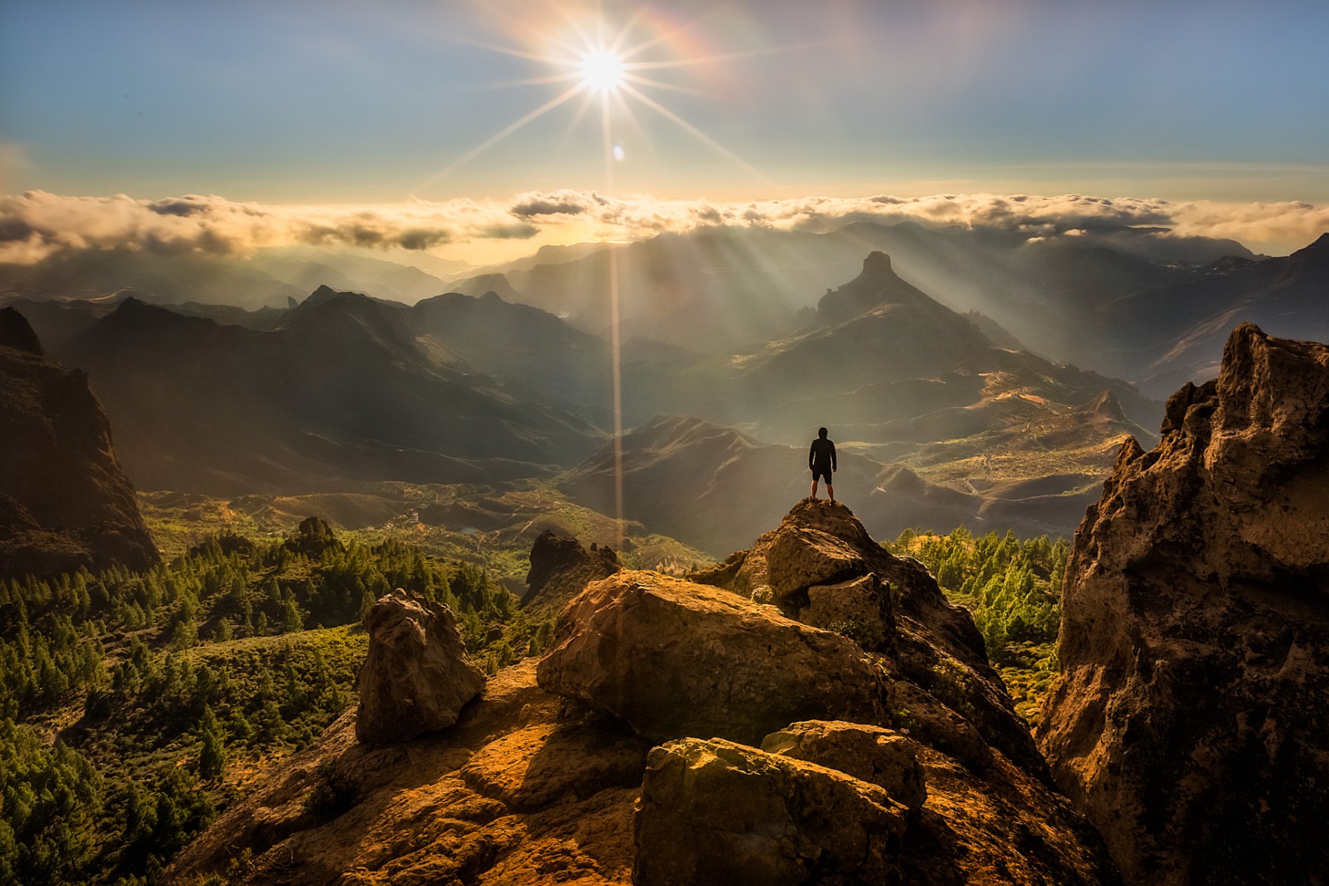 natur panorama gipfel mann sonne blendung felsen