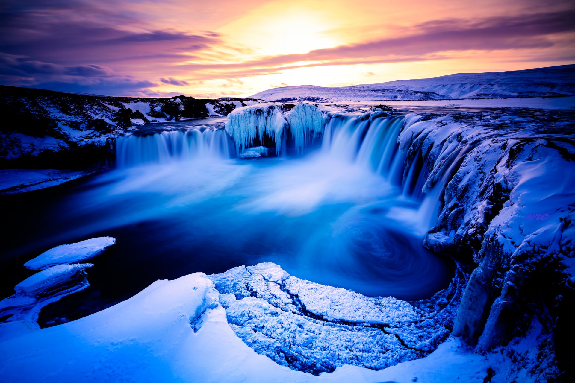 soir nuages rivière montagnes hiver cascade neige glace