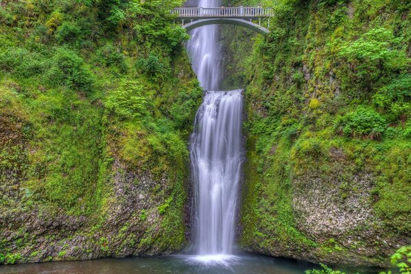 El famoso puente Benson sobre Mantolma Falls en Columbia River Gorge (Oregon, EE.