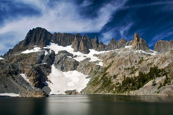 Mountains in the snow near the lake