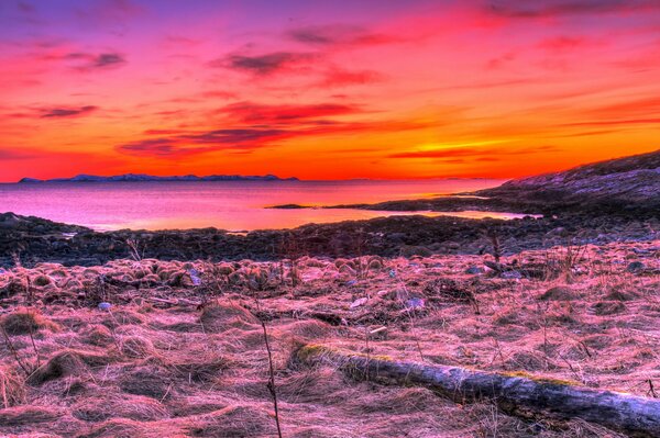 Sunset red sky over the sea