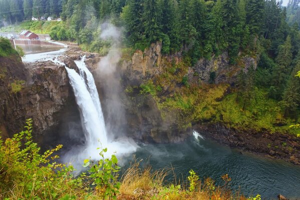 A stormy waterfall on the background of autumn nature