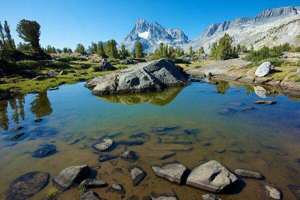 A lake with rocks among the mountains