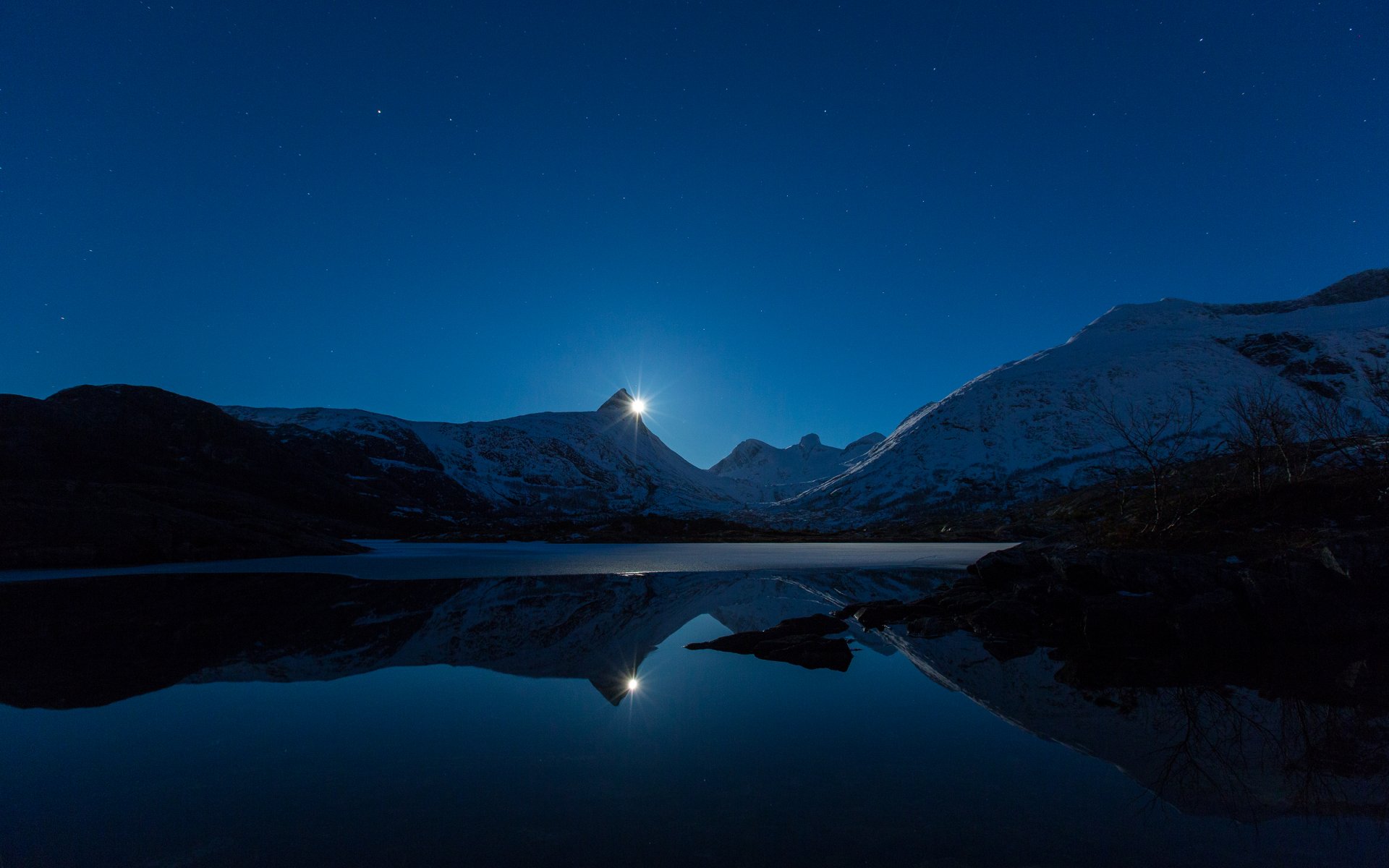 bodo norway mountain lake night nature snow