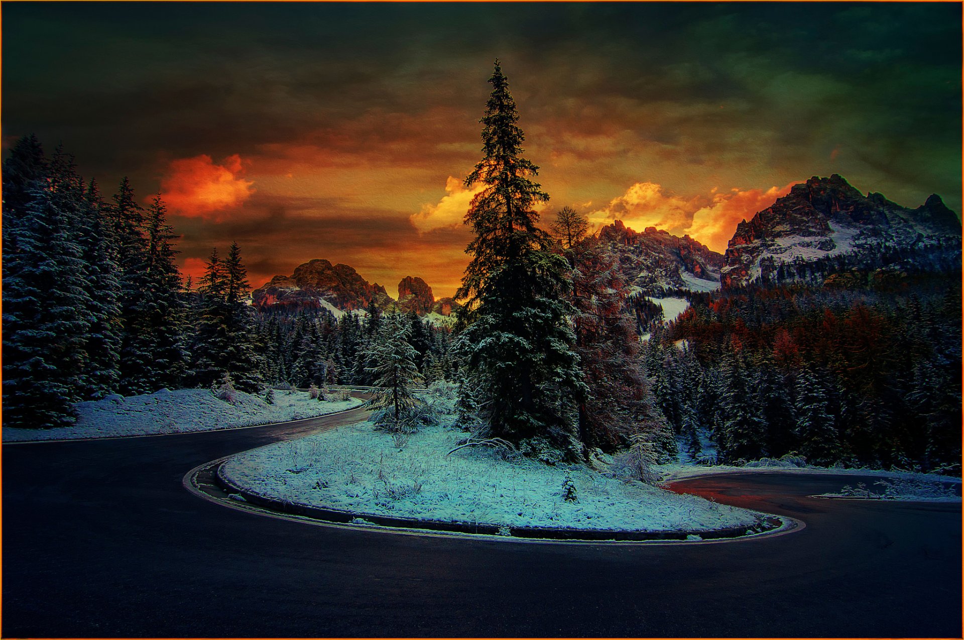 mountain tree snow road