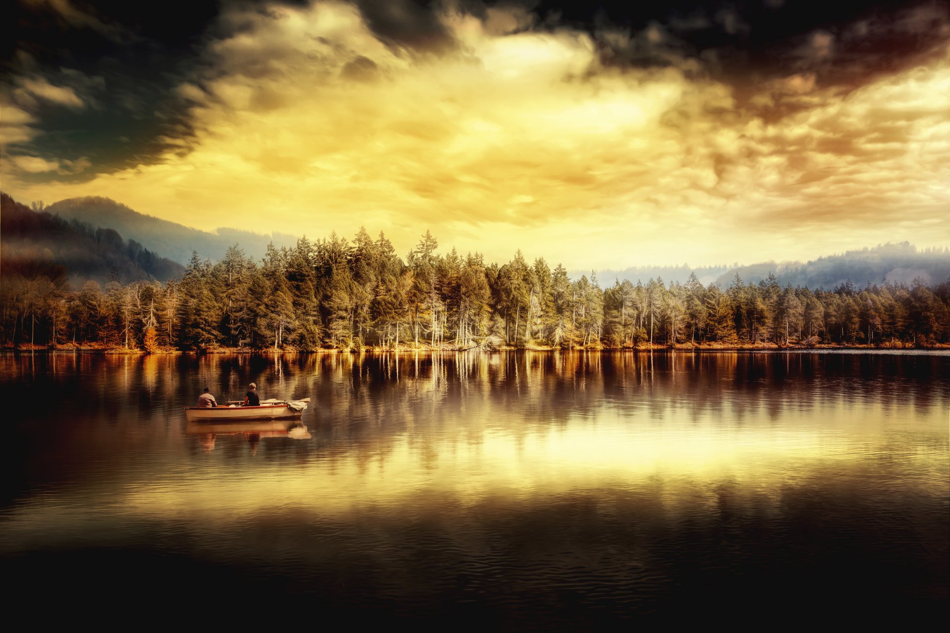 in silenzio lago barca alberi riflessione cielo nuvole elaborazione