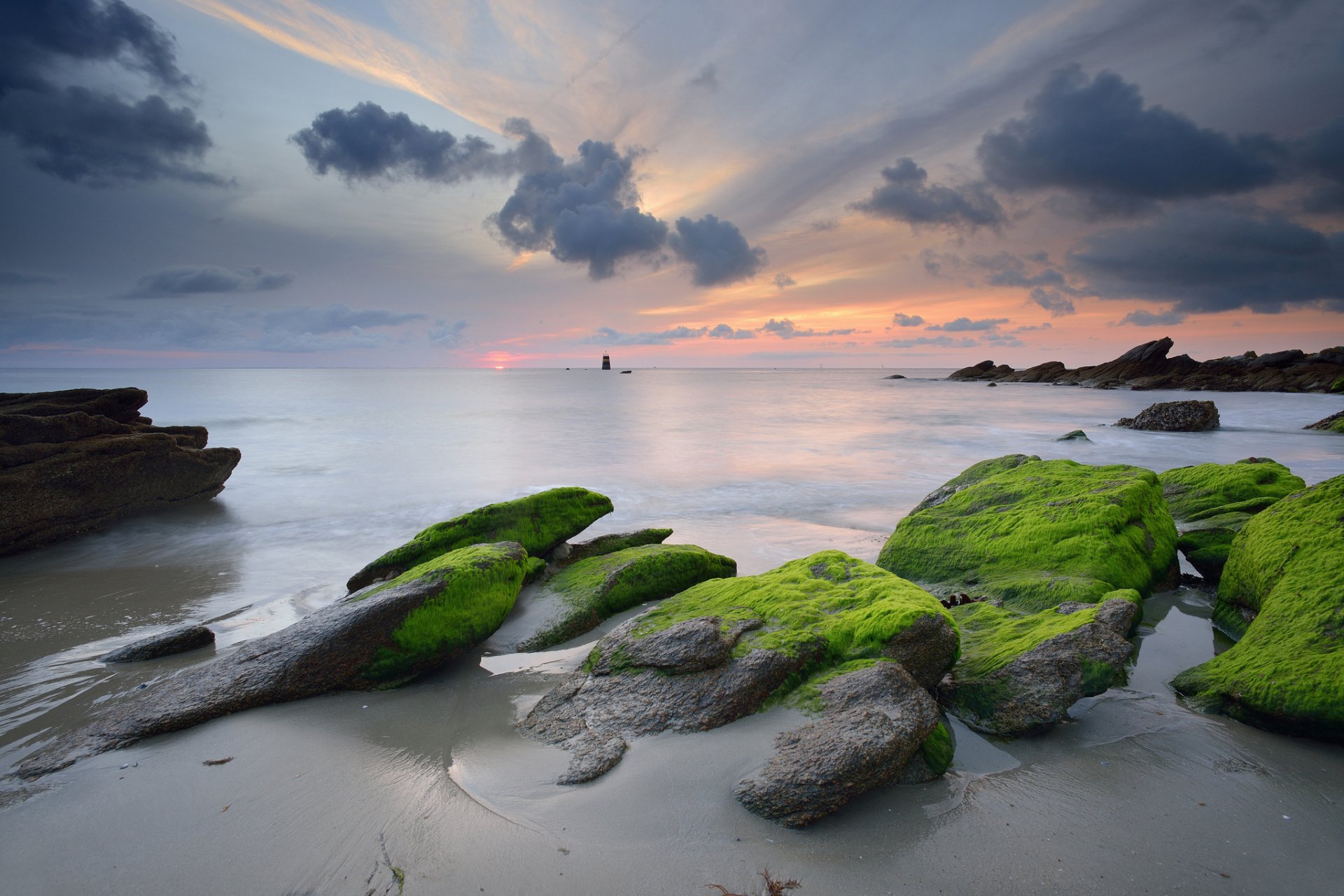 ky clouds sunset sea stones rock algae