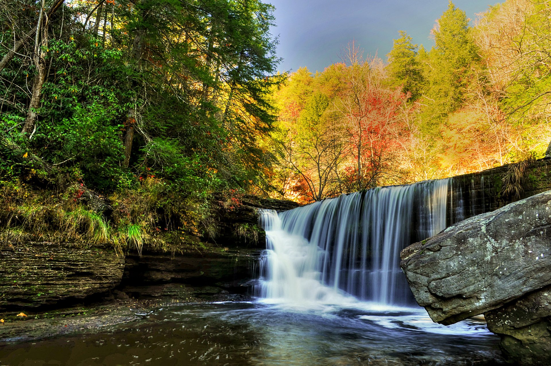 ky forest river waterfall rock stones autumn