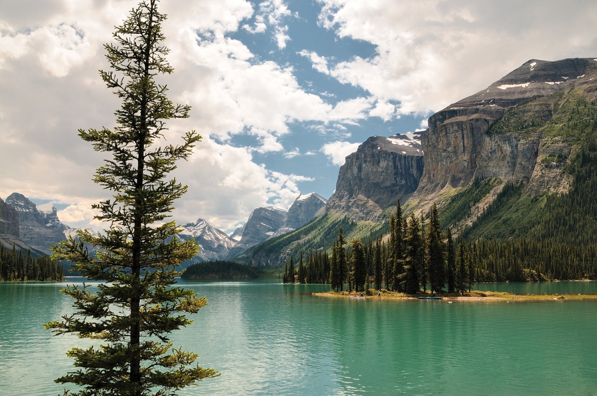 maline jasper alberta kanada jezioro wyspa drzewa góry niebo chmury